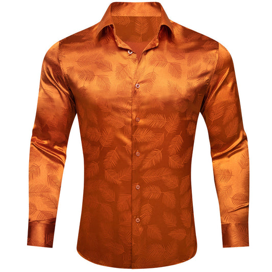 Dark Orange Floral Leaf Silk Dress Shirt shirt S   - Sophisticated Gentlemen