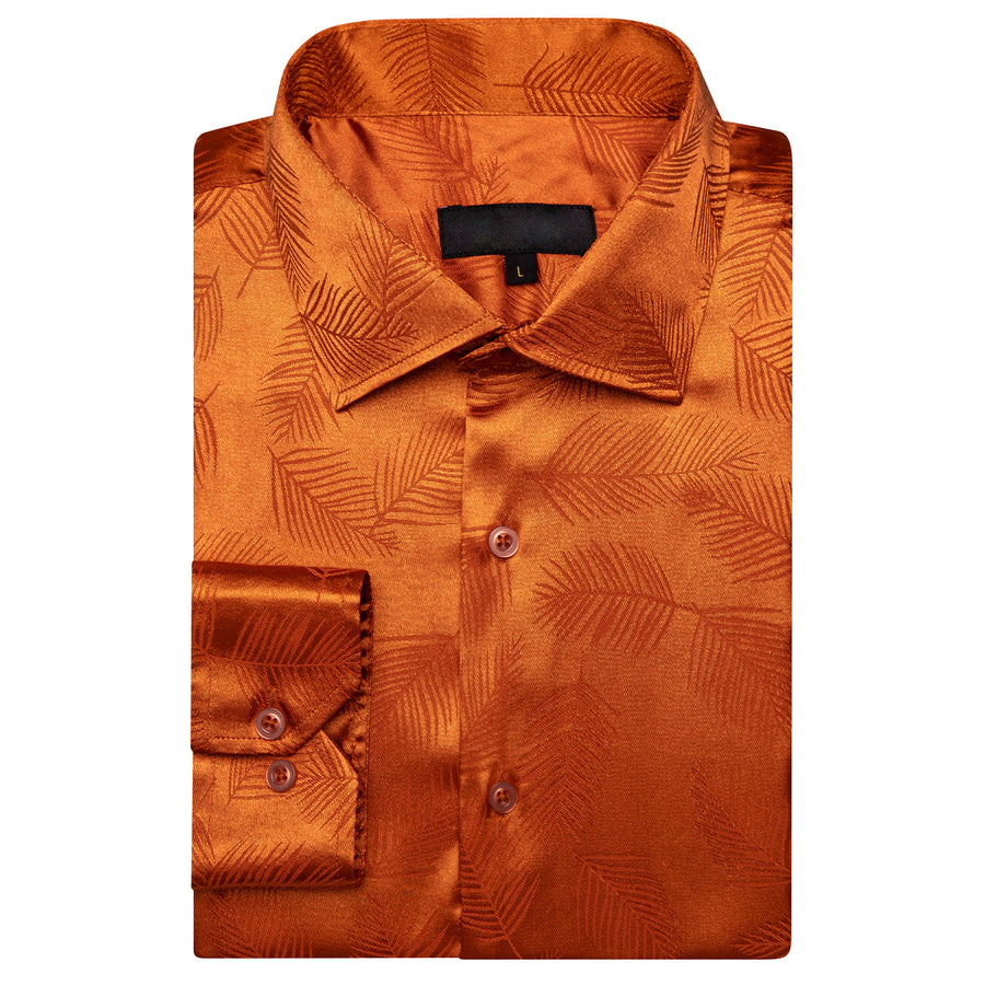Dark Orange Floral Leaf Silk Dress Shirt shirt    - Sophisticated Gentlemen