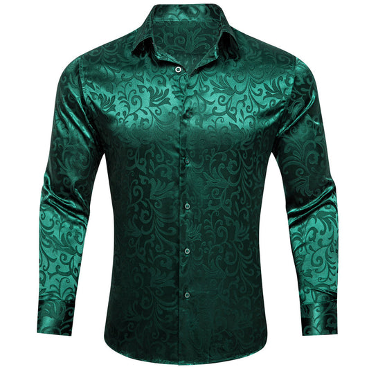 Emerald Green Floral Leaf Silk Dress Shirt shirt S   - Sophisticated Gentlemen