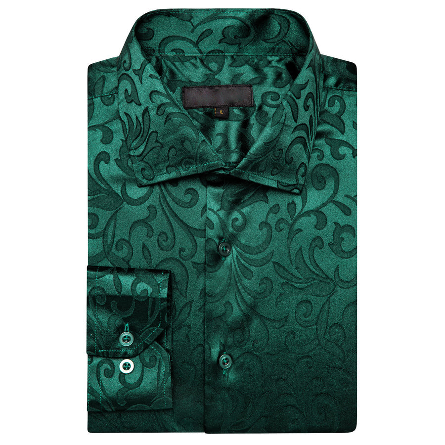 Emerald Green Floral Leaf Silk Dress Shirt shirt    - Sophisticated Gentlemen