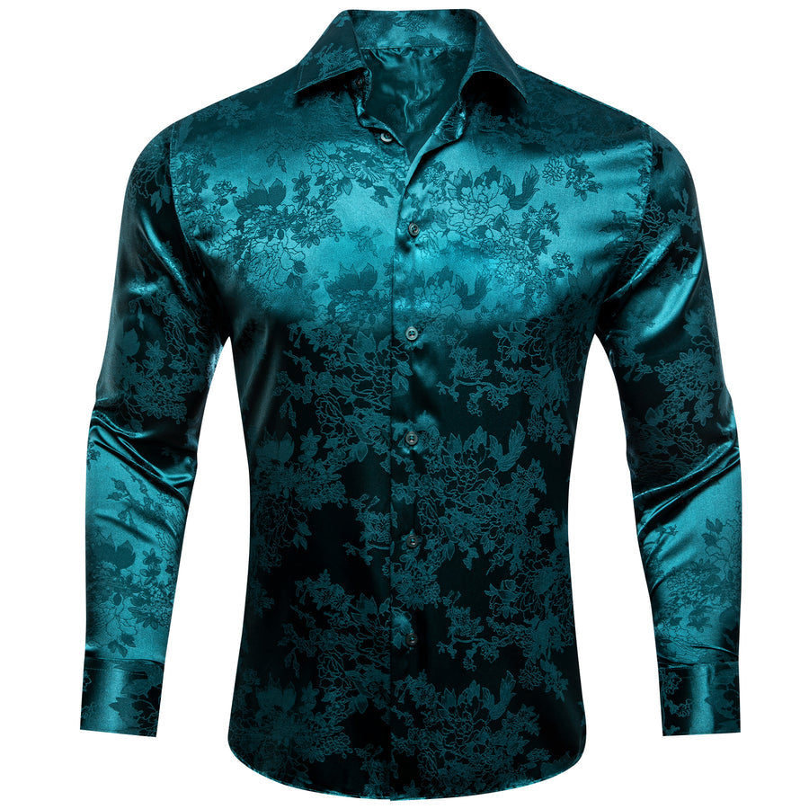 Blue Green Floral Silk Dress Shirt shirt S   - Sophisticated Gentlemen