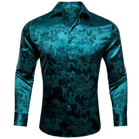 Blue Green Floral Silk Dress Shirt shirt S   - Sophisticated Gentlemen
