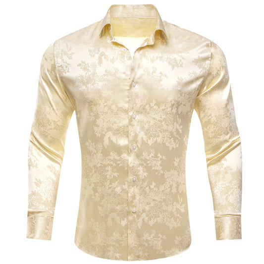 Light Yellow Floral Silk Dress Shirt shirt S   - Sophisticated Gentlemen