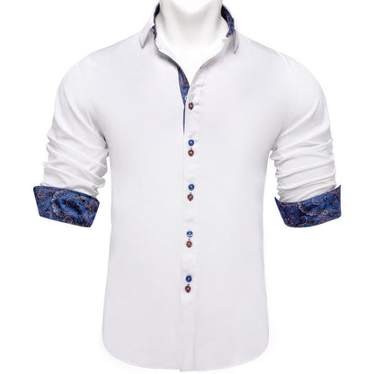 Pure White With Blue Paisley Edge Men's Solid Dress Shirt shirt S   - Sophisticated Gentlemen