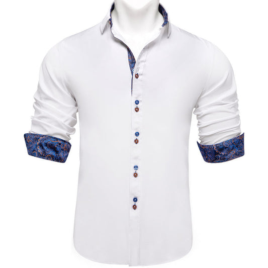 Pure White With Blue Paisley Edge Men's Solid Dress Shirt shirt S   - Sophisticated Gentlemen