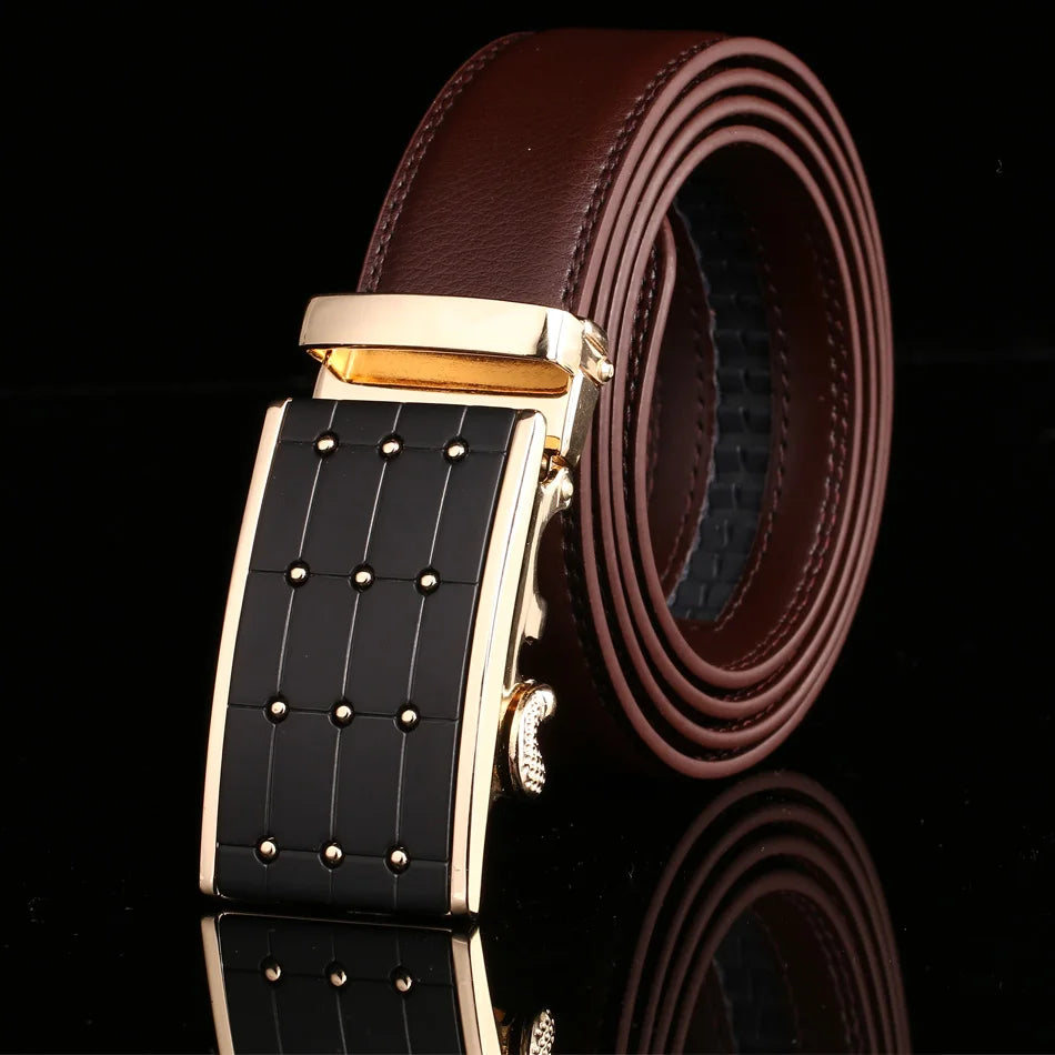 Sleek Black Buckle Leather Belt Belt 43" Brown Gold - Sophisticated Gentlemen