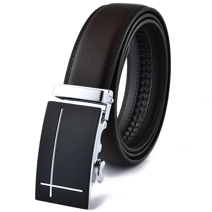 Elegant Cross Buckle Leather Belt BELT 43" Brown Silver - Sophisticated Gentlemen