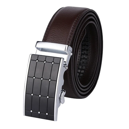 Sleek Black Buckle Leather Belt Belt 43" Brown Silver - Sophisticated Gentlemen