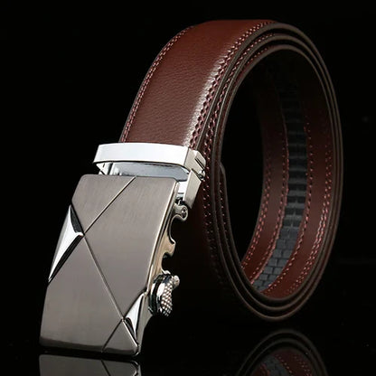 Matte Gunmetal and Silver Buckle Leather Belt Belt 43" Brown  - Sophisticated Gentlemen