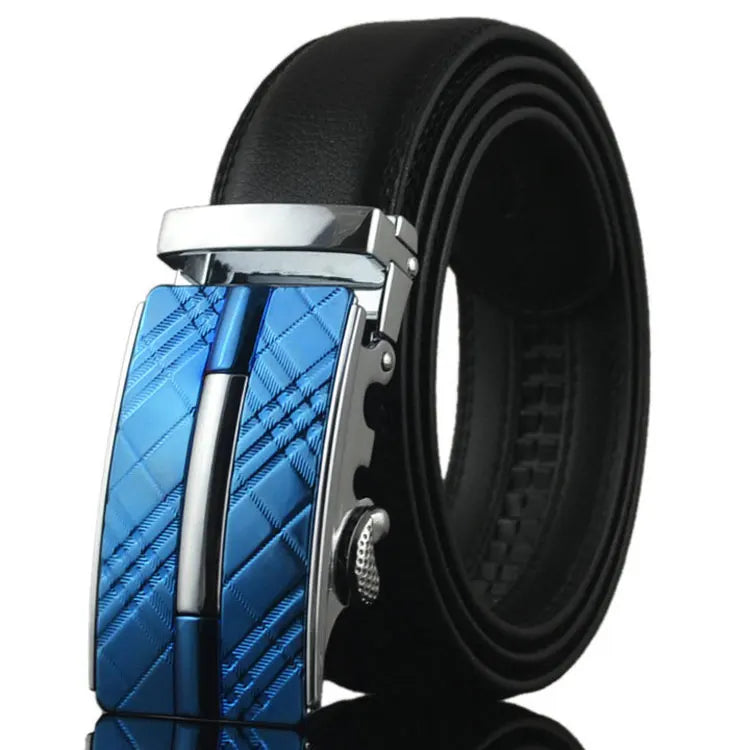 Bold Square Buckle Leather Belt belt 43" Black Strap Blue - Sophisticated Gentlemen