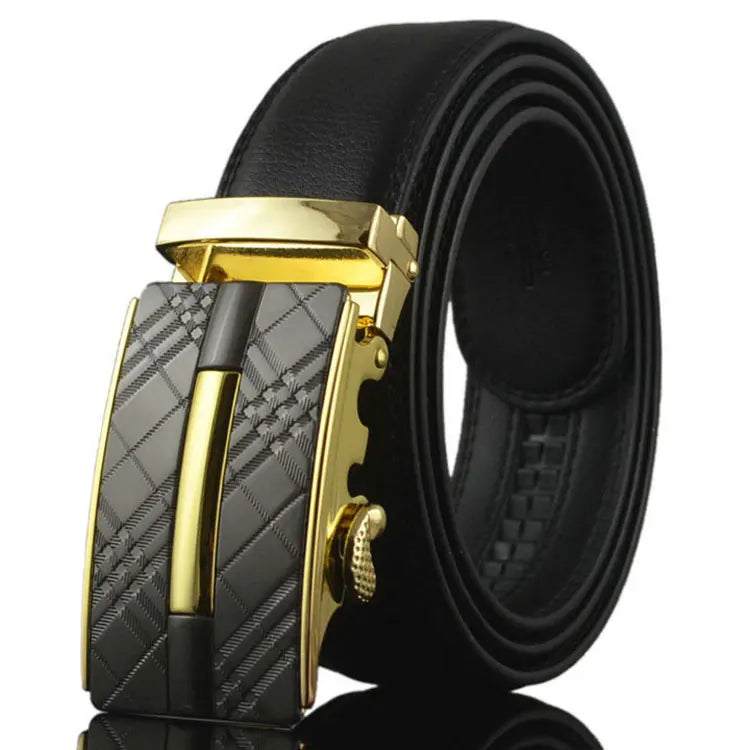 Bold Square Buckle Leather Belt belt 43" Black Strap Gold - Sophisticated Gentlemen