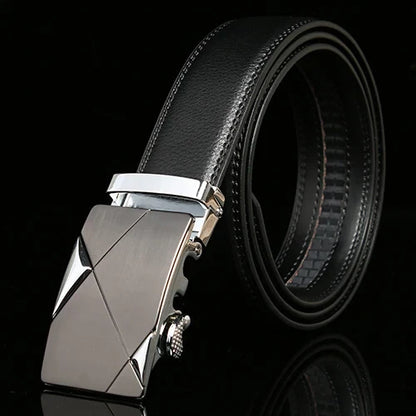 Matte Gunmetal and Silver Buckle Leather Belt Belt 43" Black  - Sophisticated Gentlemen