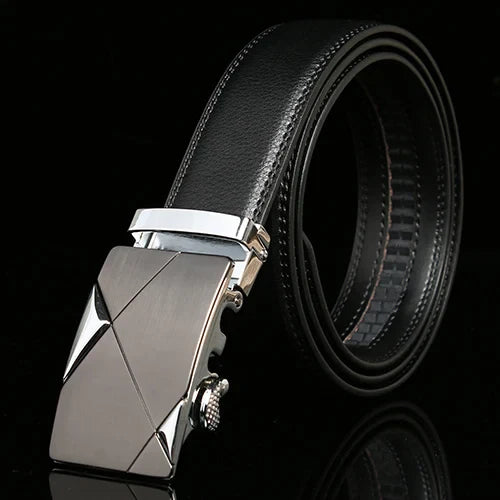 Matte Gunmetal and Silver Buckle Leather Belt Belt 43" Black  - Sophisticated Gentlemen