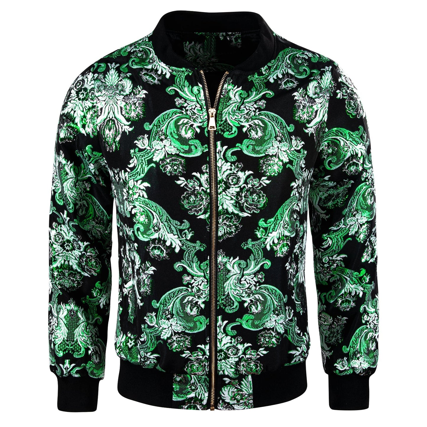 Mint Blossom Floral Silk Bomber Jacket in Green jacket S   - Sophisticated Gentlemen