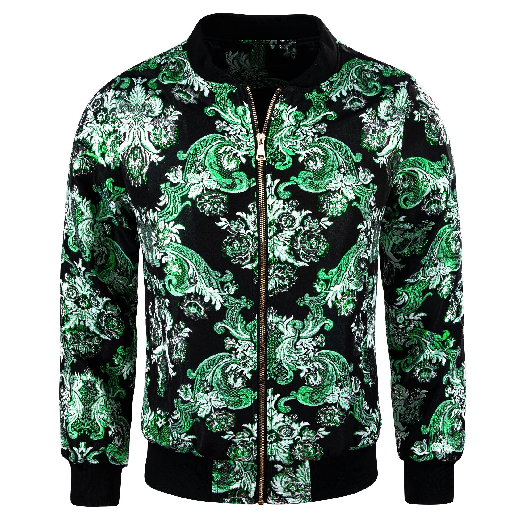 Mint Blossom Floral Silk Bomber Jacket in Green jacket S   - Sophisticated Gentlemen