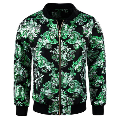 Mint Blossom Floral Silk Bomber Jacket in Green jacket S   - Sophisticated Gentlemen