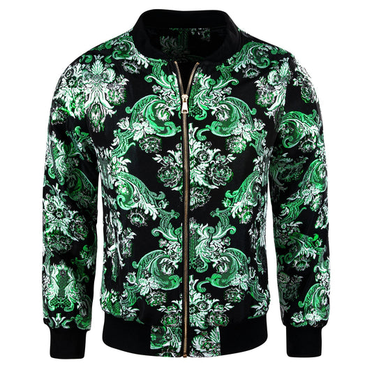 Mint Blossom Floral Silk Bomber Jacket in Green jacket S   - Sophisticated Gentlemen