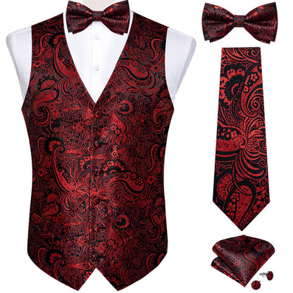 Black Red Paisley Jacquard Silk Vest Set vest set S (Chest 40")   - Sophisticated Gentlemen