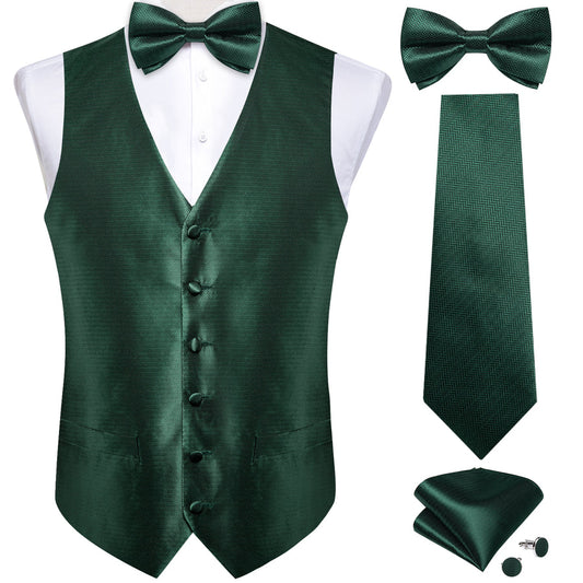 Shining Green Solid Jacquard Silk Vest Set vest set S (Chest 40")   - Sophisticated Gentlemen