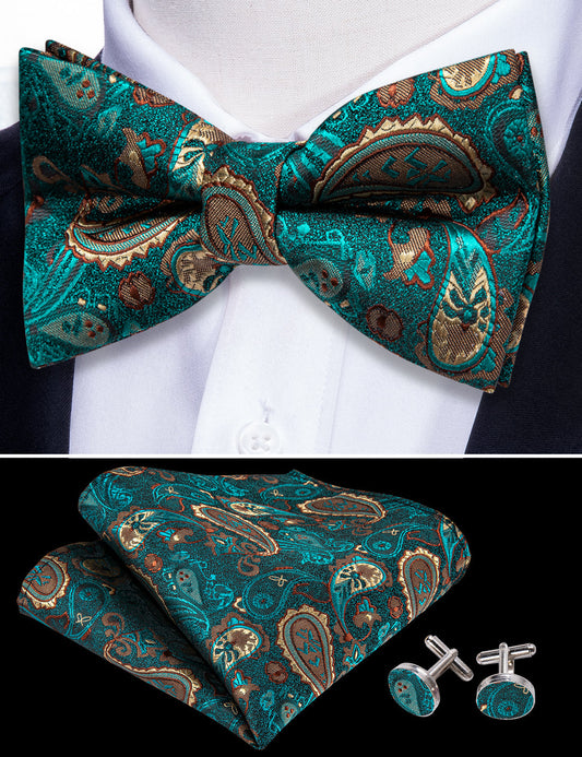 Teal Blue Paisley Silk Bow Tie Set bow ties    - Sophisticated Gentlemen