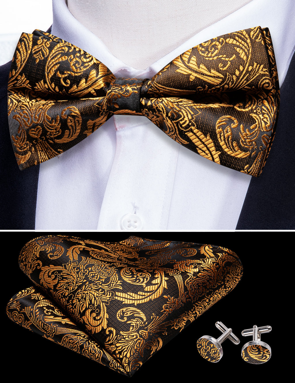 Black Gold Paisley Bow Tie Set bow ties    - Sophisticated Gentlemen