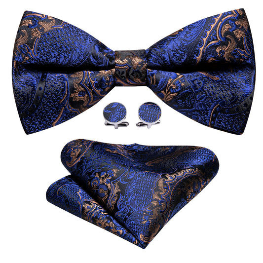 Blue Gold Paisley Bow Tie Set bow ties    - Sophisticated Gentlemen