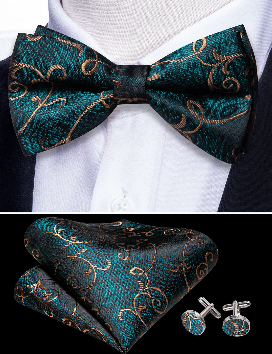 Blue Cyan Brown Jacquard Floral Bow Tie Set bow ties    - Sophisticated Gentlemen