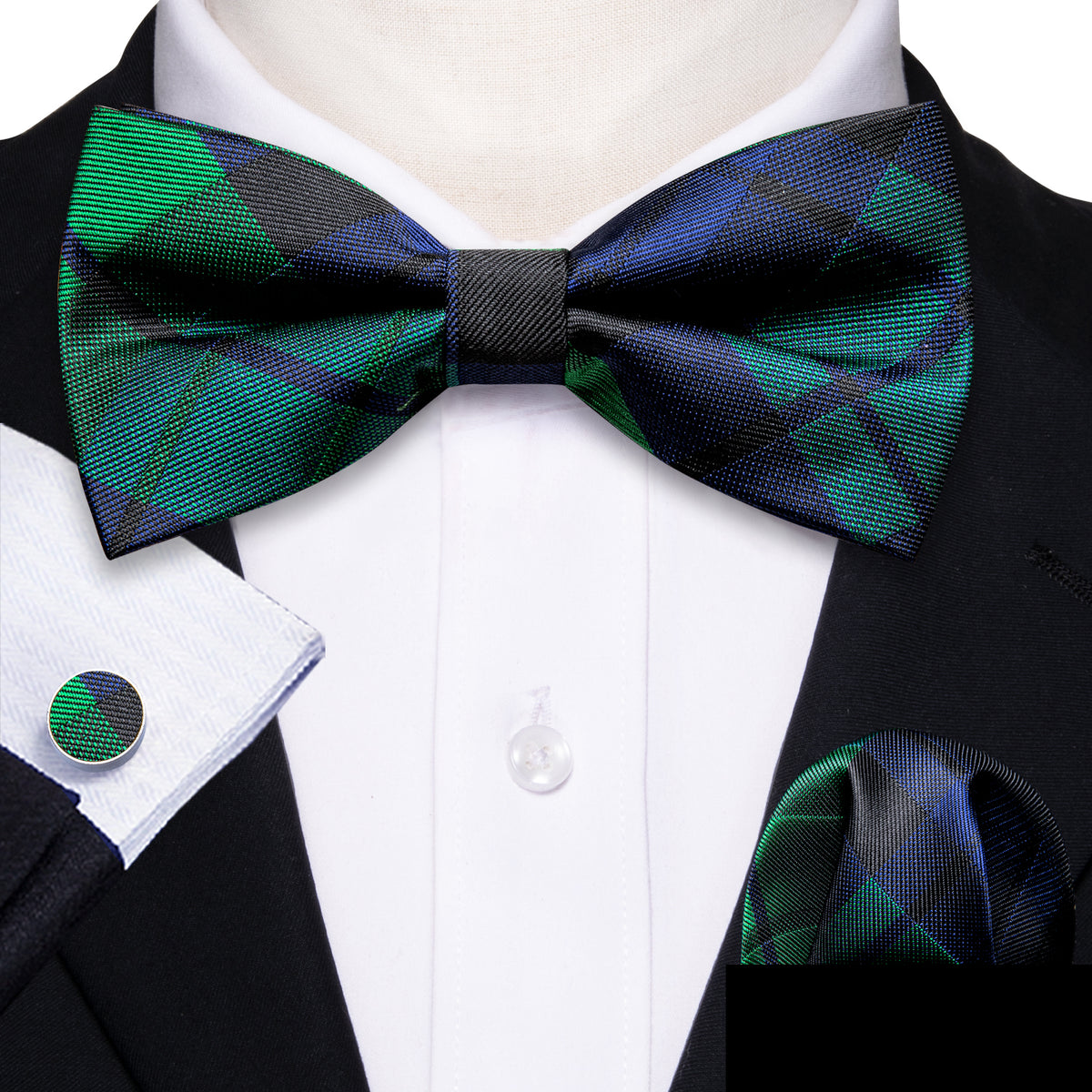 Blue Green Plaid Bow Tie Set bow ties    - Sophisticated Gentlemen