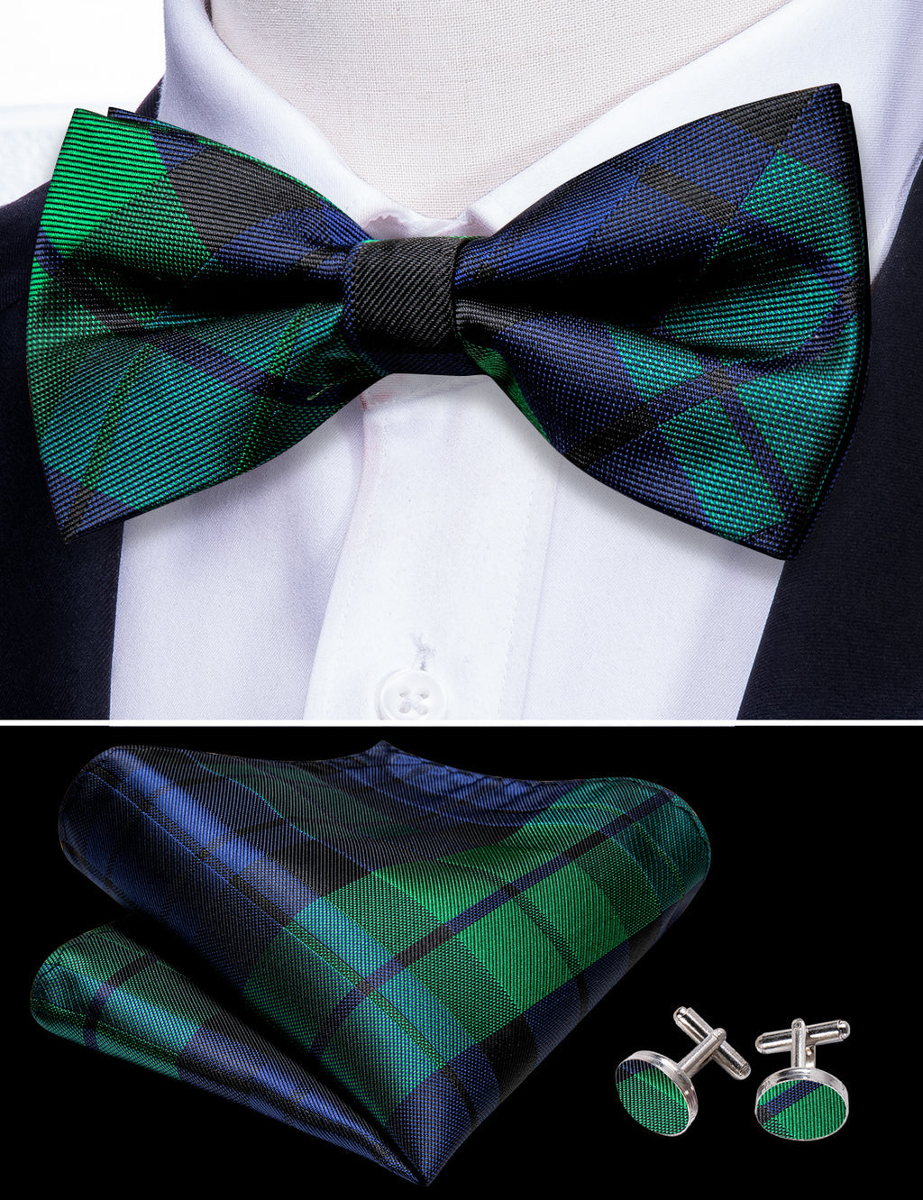 Blue Green Plaid Bow Tie Set bow ties    - Sophisticated Gentlemen