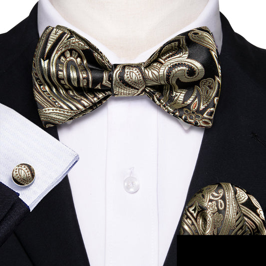 Black and Champagne Paisley Bow Tie Set bow ties    - Sophisticated Gentlemen