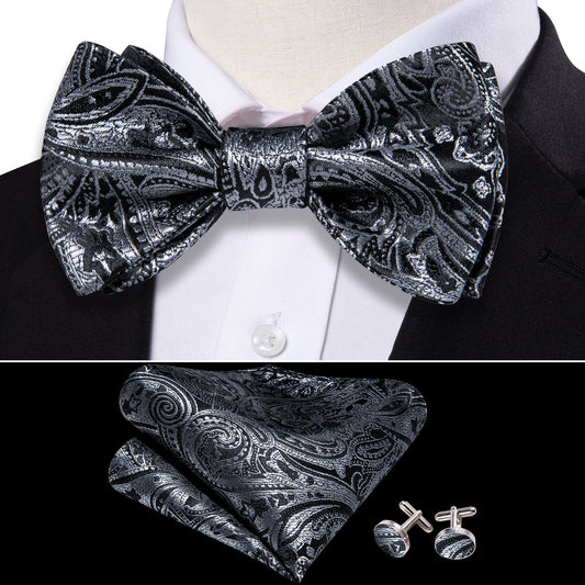 Grey Black Gold Paisley Bow Tie Set bow ties    - Sophisticated Gentlemen