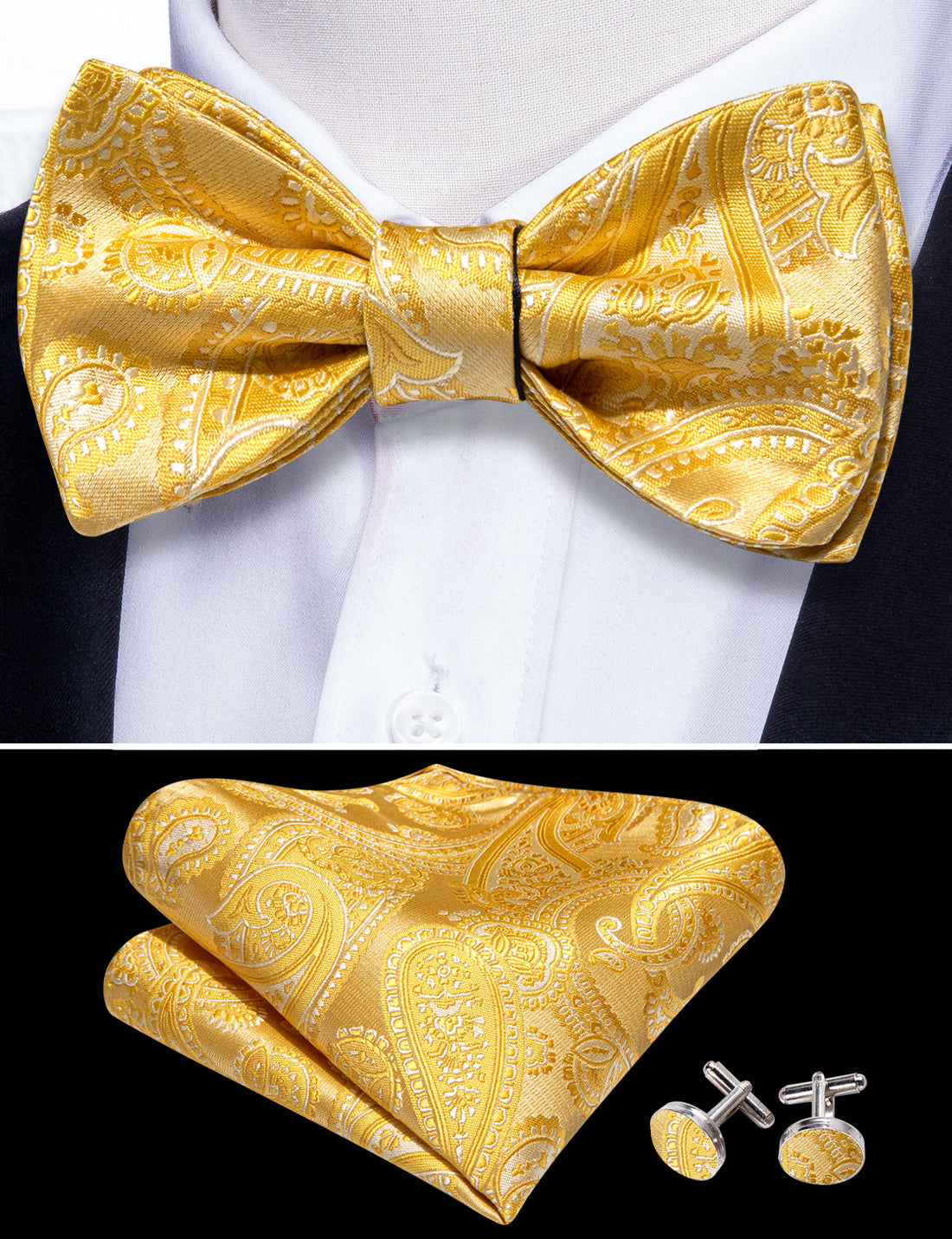 Gold Silk Paisley Bow Tie Set bow ties    - Sophisticated Gentlemen