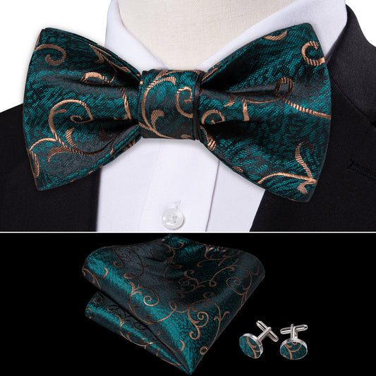 Green Gold Jacquard Floral Woven Silk Bow Tie Set bow ties    - Sophisticated Gentlemen