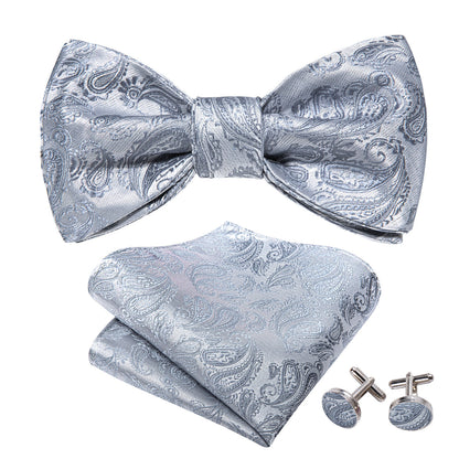 Silver Paisley Paisley Bow Tie Set bow ties    - Sophisticated Gentlemen