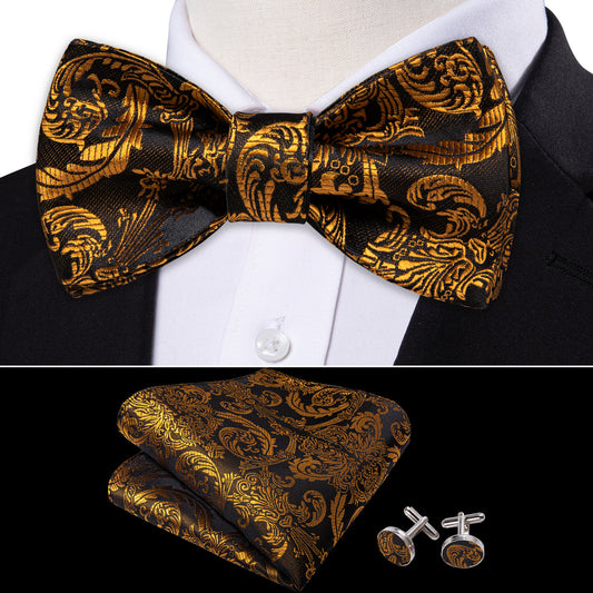 Gold Black Paisley Silk Bow Tie Set bow ties    - Sophisticated Gentlemen