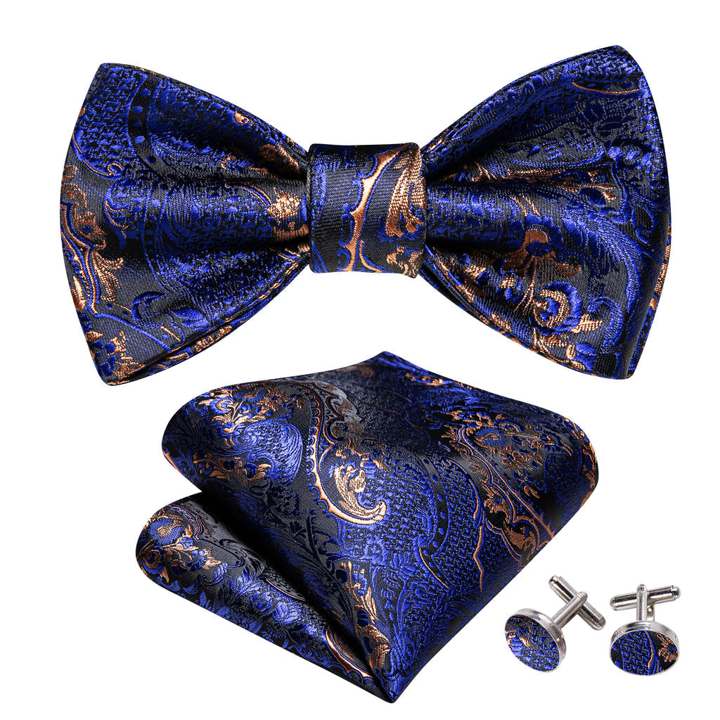 Blue Brown Paisley Silk Bow Tie Set bow ties    - Sophisticated Gentlemen