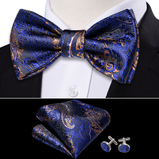 Blue Brown Paisley Silk Bow Tie Set bow ties    - Sophisticated Gentlemen