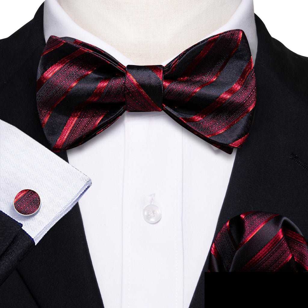 Red Black Striped Silk Bow Tie Set bow ties    - Sophisticated Gentlemen