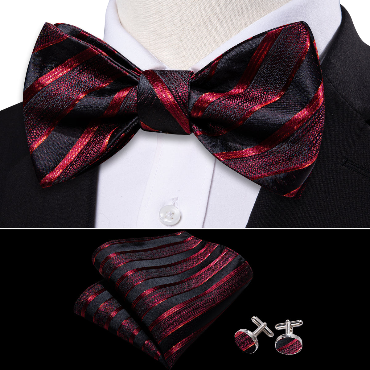 Red Black Striped Silk Bow Tie Set bow ties    - Sophisticated Gentlemen
