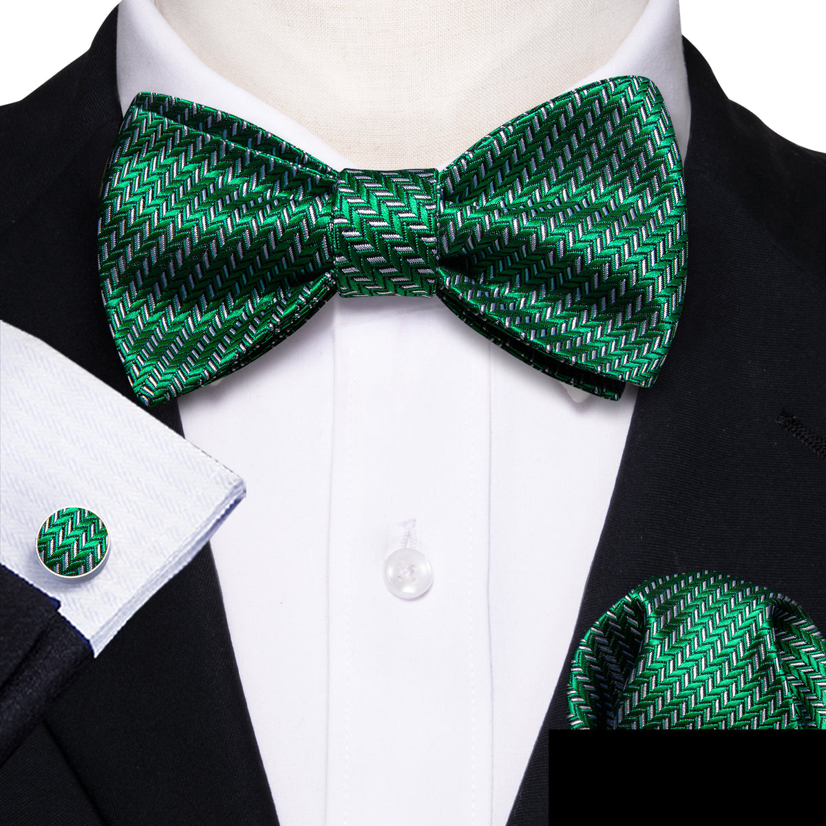 Green White Striped Silk Bow Tie Set bow ties    - Sophisticated Gentlemen