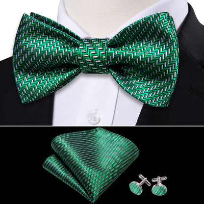 Green White Striped Silk Bow Tie Set bow ties    - Sophisticated Gentlemen
