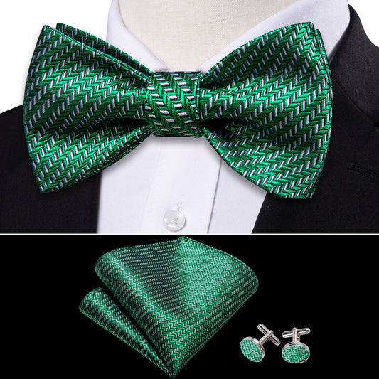 Green White Striped Silk Bow Tie Set bow ties    - Sophisticated Gentlemen