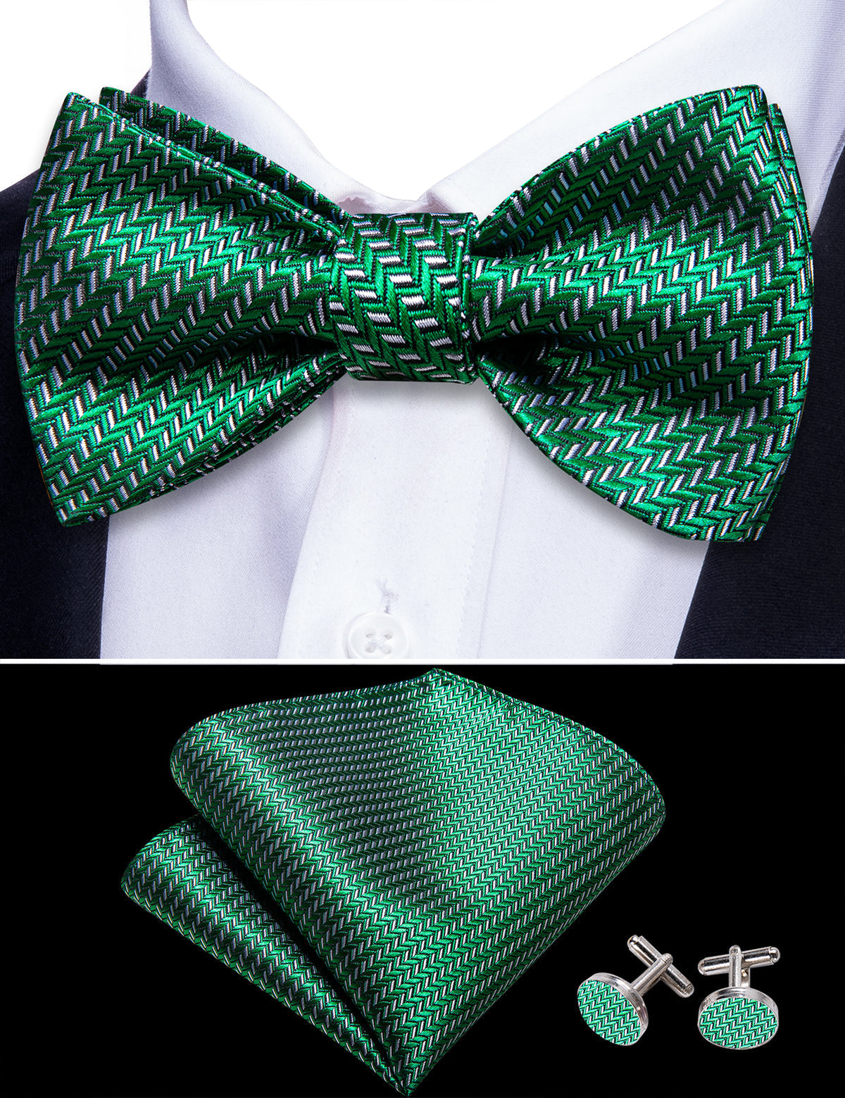 Green White Striped Silk Bow Tie Set bow ties    - Sophisticated Gentlemen