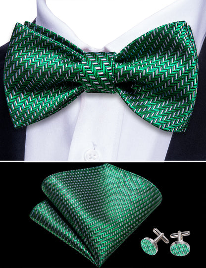 Green White Striped Silk Bow Tie Set bow ties    - Sophisticated Gentlemen