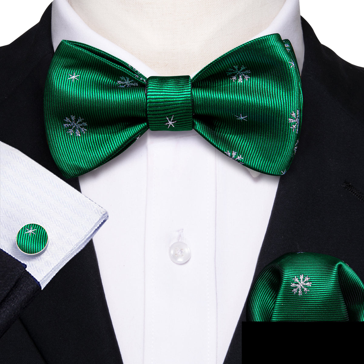 Green White Snowflake Silk Christmas Bow Tie Set bow ties    - Sophisticated Gentlemen