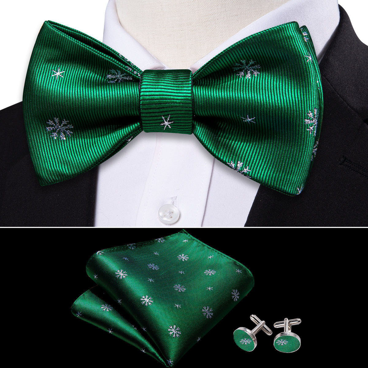 Green White Snowflake Silk Christmas Bow Tie Set bow ties    - Sophisticated Gentlemen