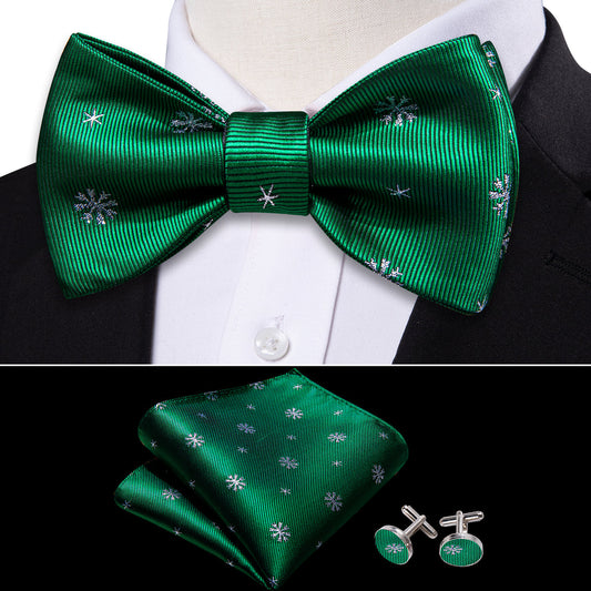 Green White Snowflake Silk Christmas Bow Tie Set bow ties    - Sophisticated Gentlemen