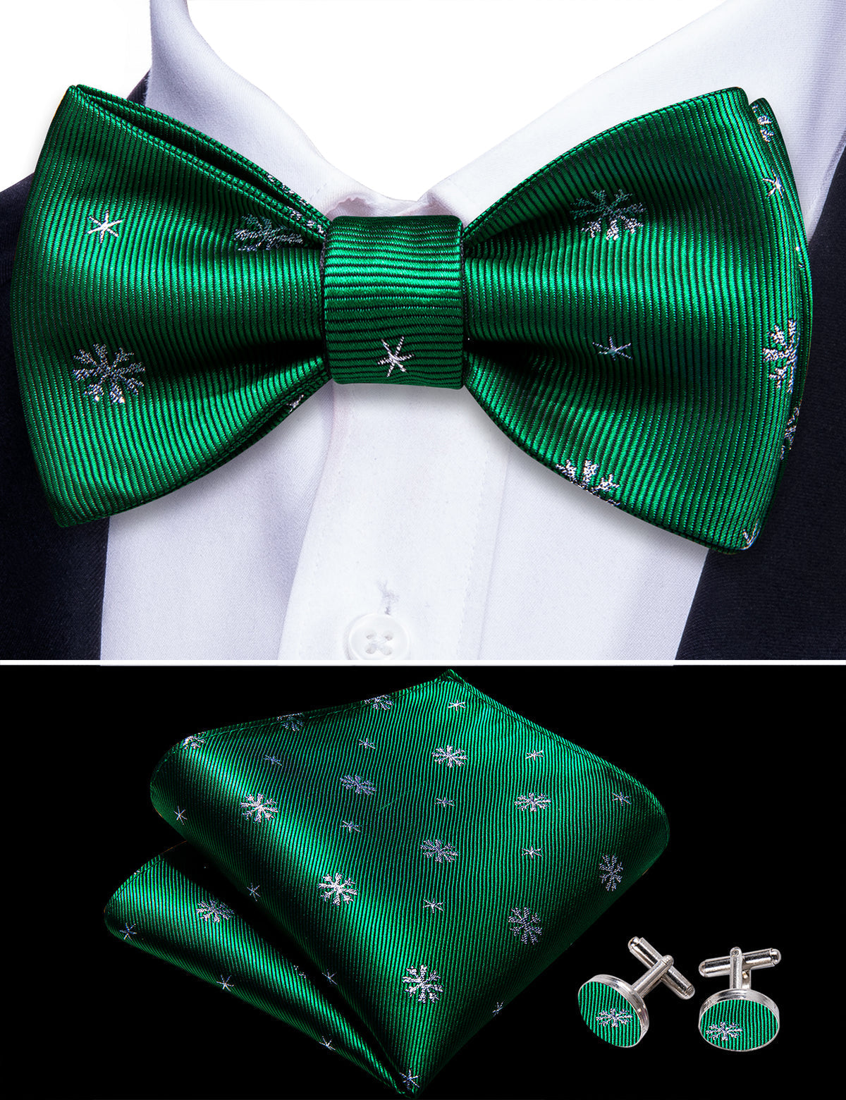 Green White Snowflake Silk Christmas Bow Tie Set bow ties    - Sophisticated Gentlemen