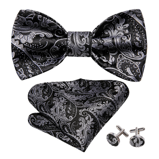 Black Paisley Grey Silk Bow Tie Set bow ties    - Sophisticated Gentlemen