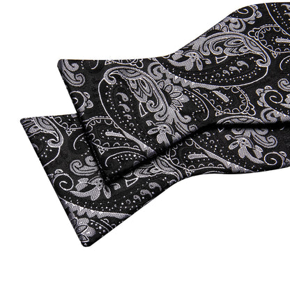 Black Paisley Grey Silk Bow Tie Set bow ties    - Sophisticated Gentlemen